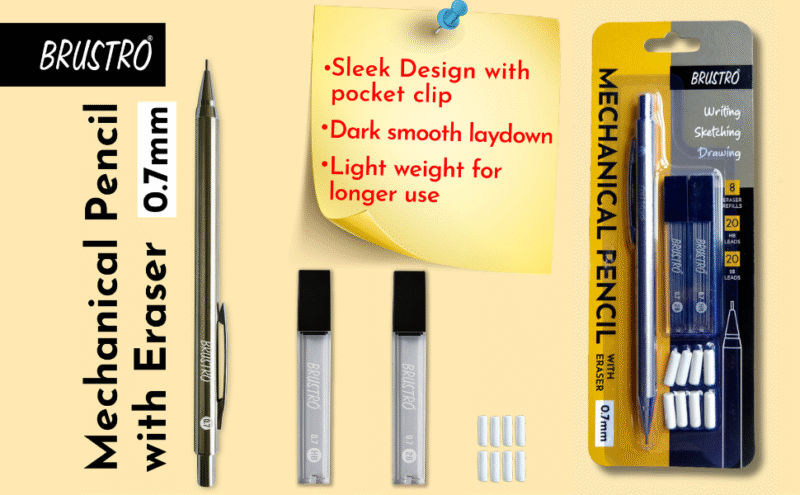 BRUSTRO Mechanical Pencil Set | HB-20 leads, 2B-20 leads,Spare eraser 8 units|Tip size 0.7 mm | Ideal for Students,Adults, Home, School, Office, Stationery Use |Writing, Sketching, Drawing,Mandala Art - Image 4