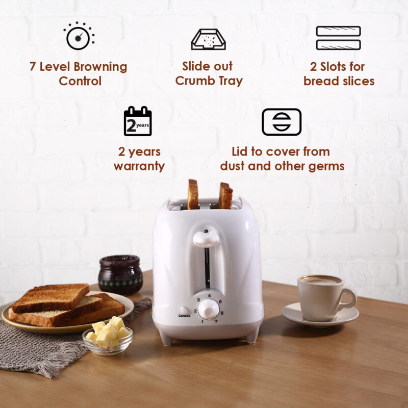 Ultima Pop-up Toaster with Lid Cover|700 Watt| 2 Bread Slice Automatic Pop-up Electric Toaster for Kitchen| 7- Level Browning Controls|Wide Bread Slots| Auto Shut Off|Mid Cycle Cancel Feature| Removable Crumb Tray| Easy to Clean| White| 2 Year Warranty - Image 2