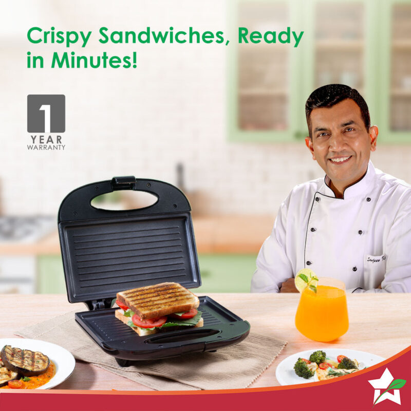 Prato Plus Griller Auto Temp Control, LED indicator | 800 W | Non-stick Coated Plates | Oil Free Toasting| Easy to Clean| 1 Year Warranty