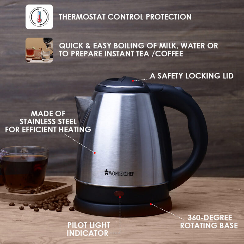 Wonderchef Renewed Crescent Electric Kettle | Stainless Steel | 1.5 Litres | Safety Locking Lid - Image 3