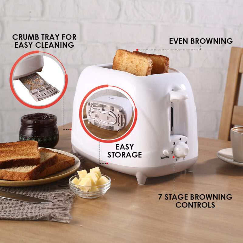 Ultima Pop-up Toaster with Lid Cover|700 Watt| 2 Bread Slice Automatic Pop-up Electric Toaster for Kitchen| 7- Level Browning Controls|Wide Bread Slots| Auto Shut Off|Mid Cycle Cancel Feature| Removable Crumb Tray| Easy to Clean| White| 2 Year Warranty - Image 4