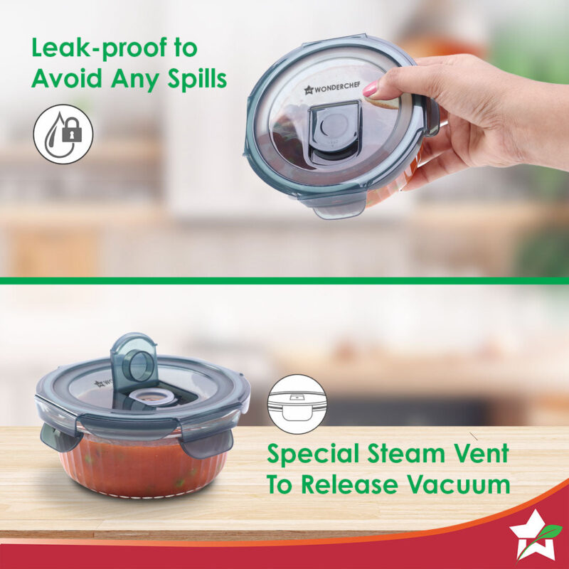 Verona Lunch Box Set of 2 | 400ml Borosilicate Glass Containers with Steam Vent | Leak Proof | Air Tight | Microwave Safe, Freezer Safe | Stain and Odour Free | Easy to Clean - Image 3