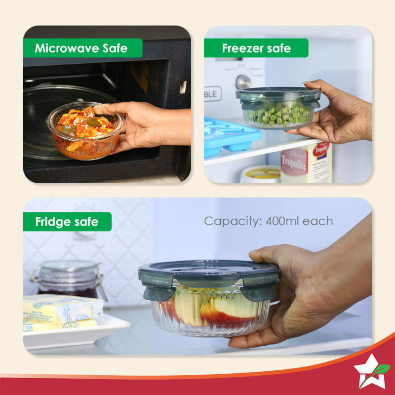 Verona Lunch Box Set of 2 | 400ml Borosilicate Glass Containers with Steam Vent | Leak Proof | Air Tight | Microwave Safe, Freezer Safe | Stain and Odour Free | Easy to Clean - Image 4