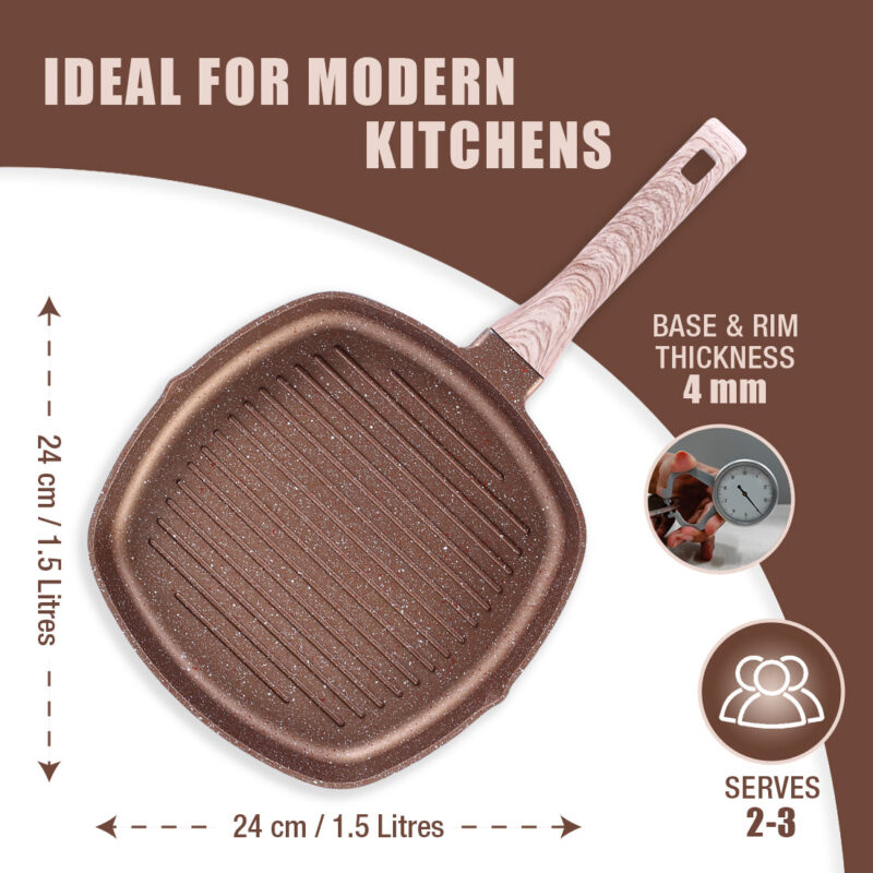 Duralife Die-cast 24 cm Grill Pan | 5 Layer Healthy Duramax Non-Stick Coating | Soft Touch Handle | Pure Grade Aluminium | PFOA Free | 1.5 liters | 2 Year Warranty | Copper - Image 4