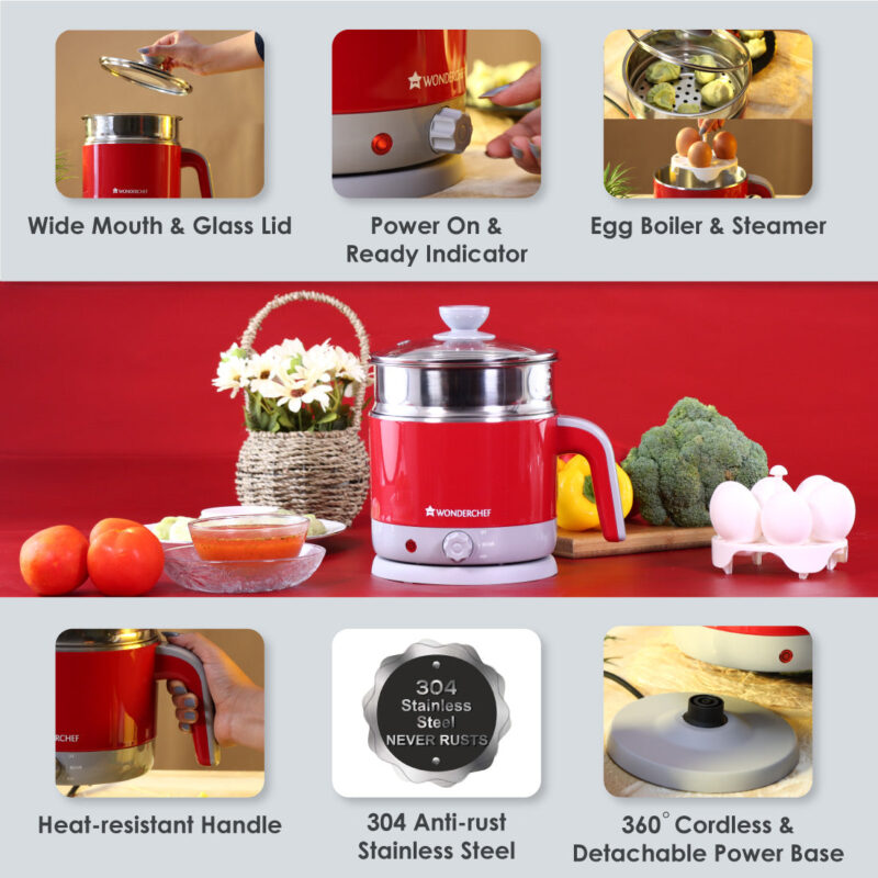 LUXE Multicook Stainless Steel 1.2 L Electric Kettle, 1000W, Red - Image 9