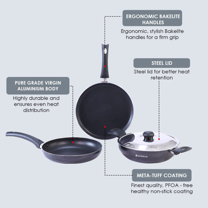 Platinum Plus Non-Stick Cookware Set of 4 | Kadhai with Glass Lid 24cm, Fry Pan 24cm & Dosa Tawa 25cm | Cool-Touch Bakelite Handle | Pure Grade Aluminium | PFOA Free | 1 Year Warranty | Black - Image 4