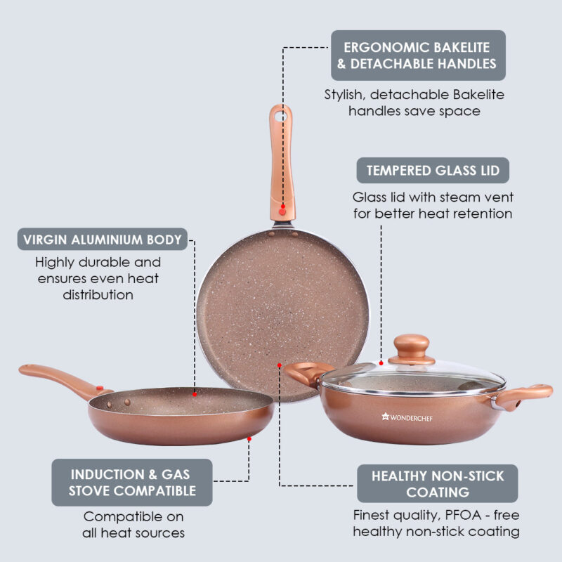 Ruby Plus 24 cm Cookware Set Bronze, Kadhai with Lid, Fry Pan, Dosa Tawa, Non-stick set of 4, Induction use, Tempered Glass Lid, - Image 8