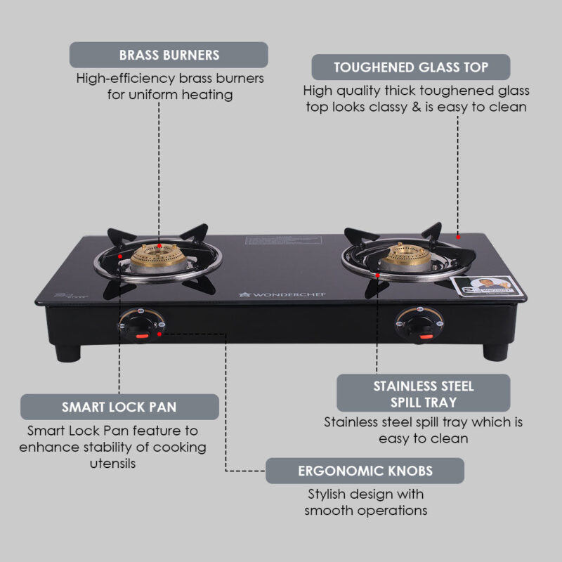 Ruby 2 Burner Glass Cooktop, Black Toughened Glass with 1 Year Warranty, Ergonomic Knobs, Heat-Efficient Brass Burners, Stainless-steel Spill Tray, Manual Ignition - Image 4
