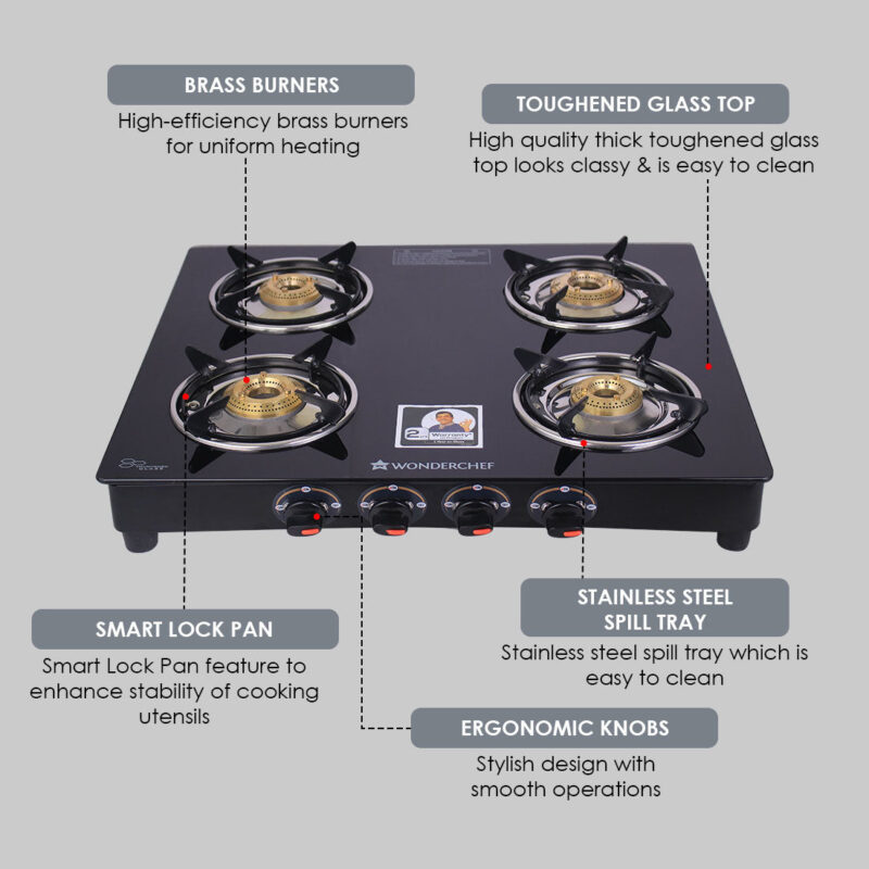 Ruby  4 Burner Glass Cooktop, Black Toughened Glass with 1 Year Warranty, Ergonomic Knobs,  Heat-Efficient Brass Burners, Stainless-steel Spill Tray, Manual Ignition - Image 23