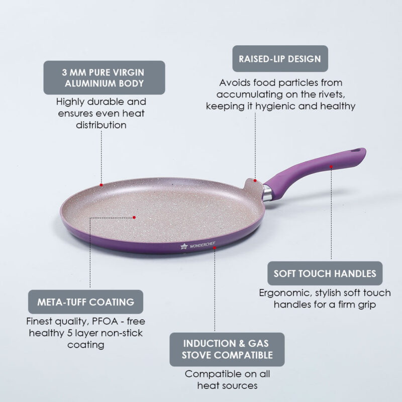 Royal Velvet 24 cm Non-Stick Dosa Tawa | Induction Bottom | Soft-Touch Handle | Virgin Grade Aluminium | PFOA and Heavy Metals Free | 3 mm | Non-Stick Tawa | 2 Years Warranty | Purple - Image 6