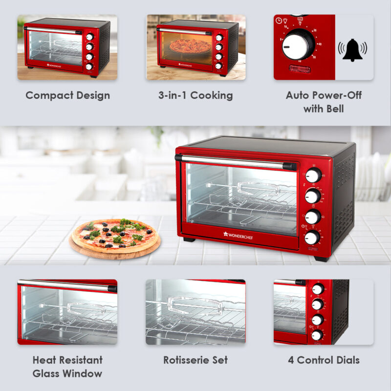 Wonderchef Renewed Oven Toaster Griller (OTG) Crimson Edge - 28L | Auto-shut Off | Heat-resistant Tempered Glass | Multi-stage Heat Selection | 1600W | Red - Image 12