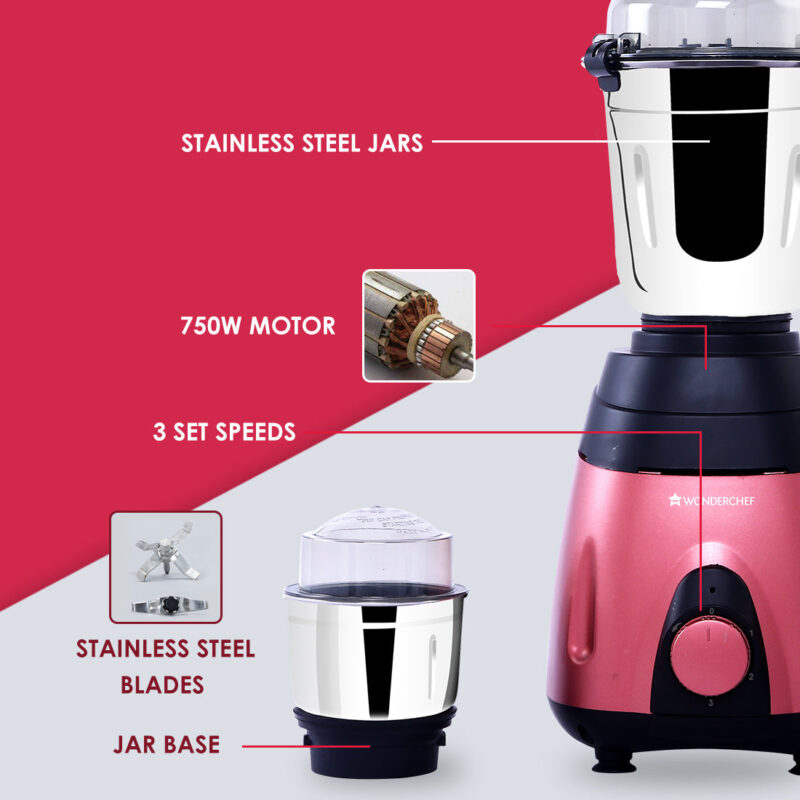 Wonderchef Renewed Vietri Mixer Grinder | 750W | 3 Stainless Steel Jars | Anti-Rust Stainless Steel Blades | Ergonomic Handles - Image 10