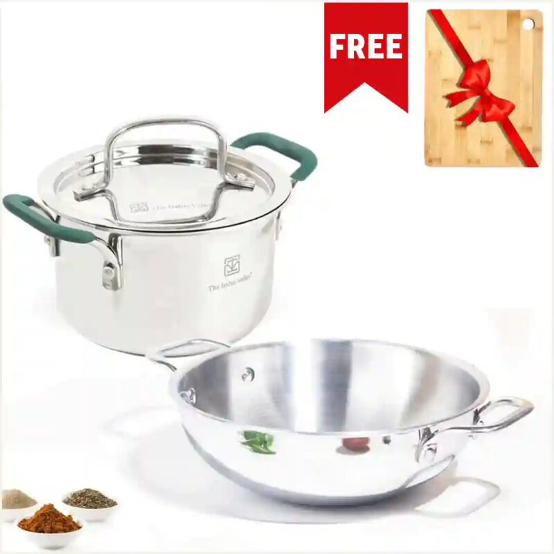 TurboCuk Tri-ply Stainless Steel Cokware Set: Kadai+ Biryani Pot, Premium Quality, 3 Layer Thick Body, 100% Toxin-free, Non-stick, Induction & Gas, Free ₹600 Wooden Board - Image 16