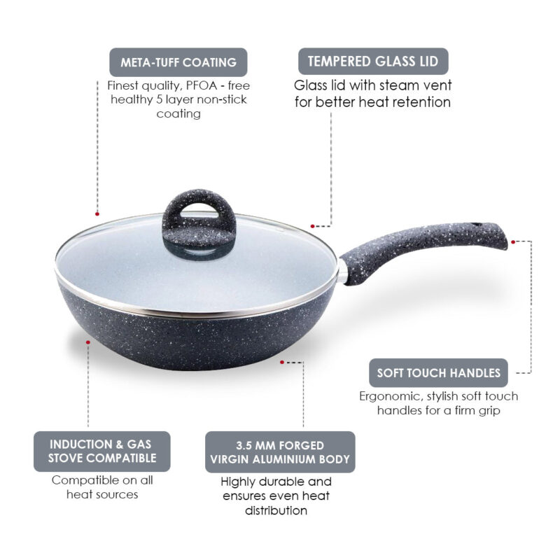 Granite 26cm Non-Stick Wok | Glass Lid | Induction Bottom | Soft-Touch Handles | Virgin Aluminium | PFOA and Heavy Metals Free | 3.5mm Thick| 26cm, 3.1 litres | 2 Year Warranty | Grey - Image 9