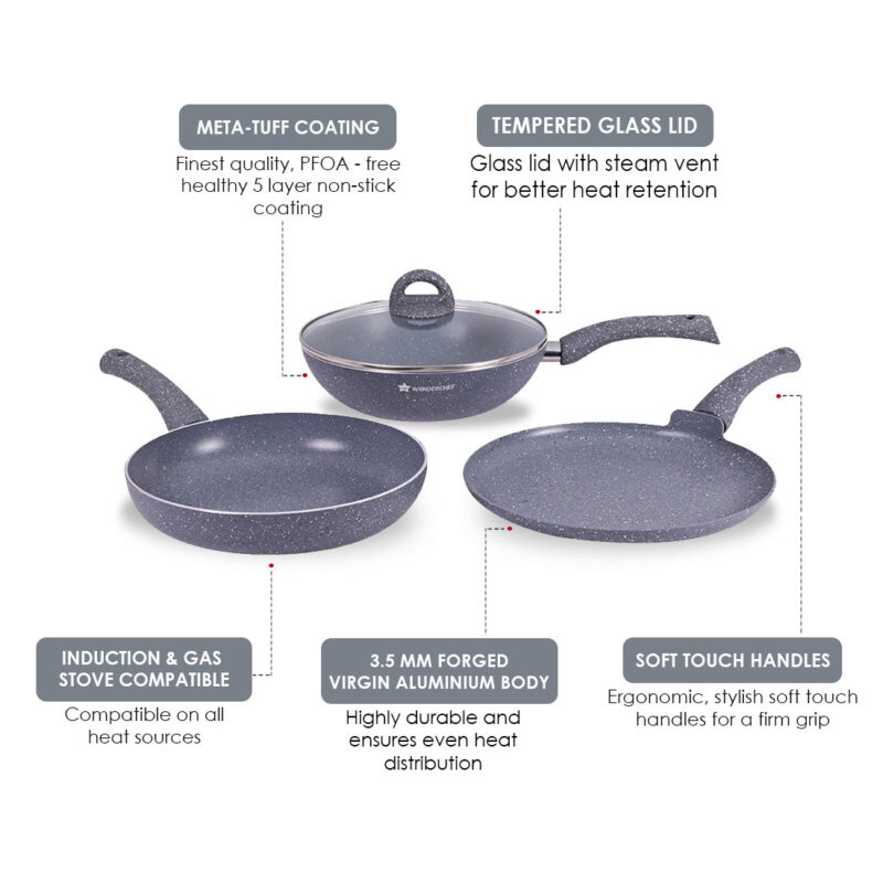 Granite Non-stick Cookware Set, 4Pc (Fry Pan with Lid, Wok, Dosa Tawa), Induction Bottom, Soft-touch Handles, Virgin Grade Aluminium, PFOA/Heavy metals free, 3.5mm, 2 years warranty, Grey - Image 14