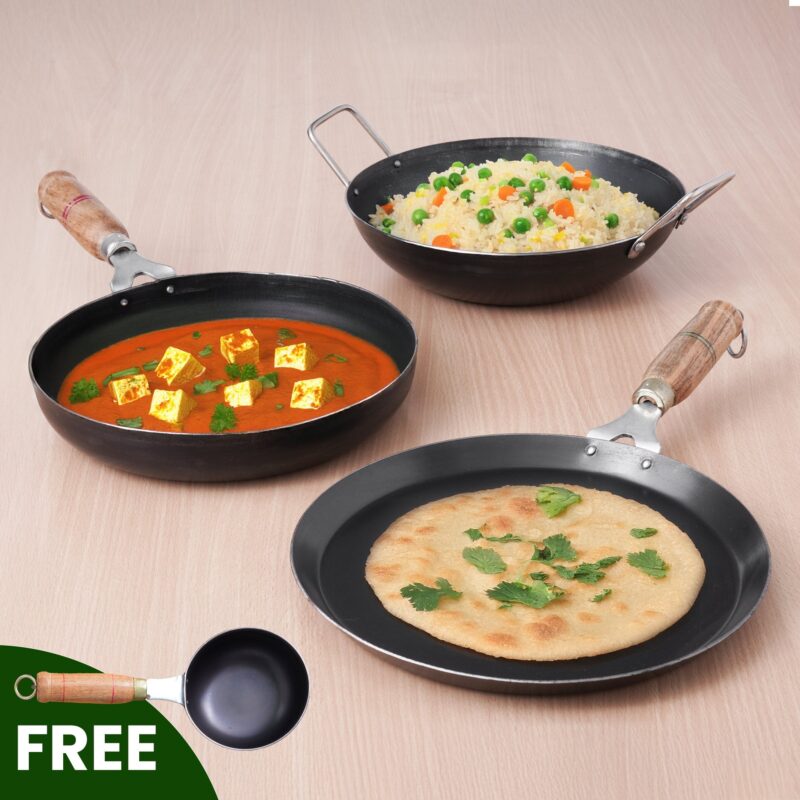 100% Pure Iron Cookware Set: Kadai+ Tawa+ Fry Pan, Toxin-free Sheet Iron, Pre-seasoned, Induction & Gas, Kitchen Set for Home, Free ₹400 Tadka Pan - Image 13