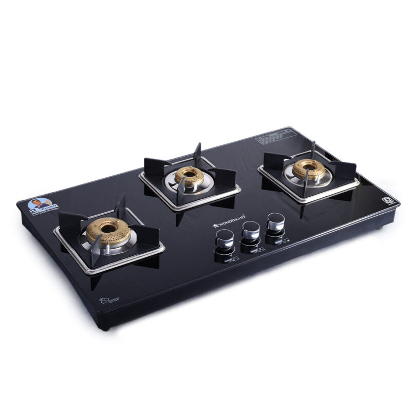 Octavia 3 Burner Glass Hob Top Auto Cooktop | 8mm Toughened Glass | Auto Ignition | Forged Brass Burners | Stainless Steel Drip Tray | Anti-Skid Legs | Large & Heavy Pan support | LPG compatible | Black steel frame | 2 Year Warranty | Black - Image 7
