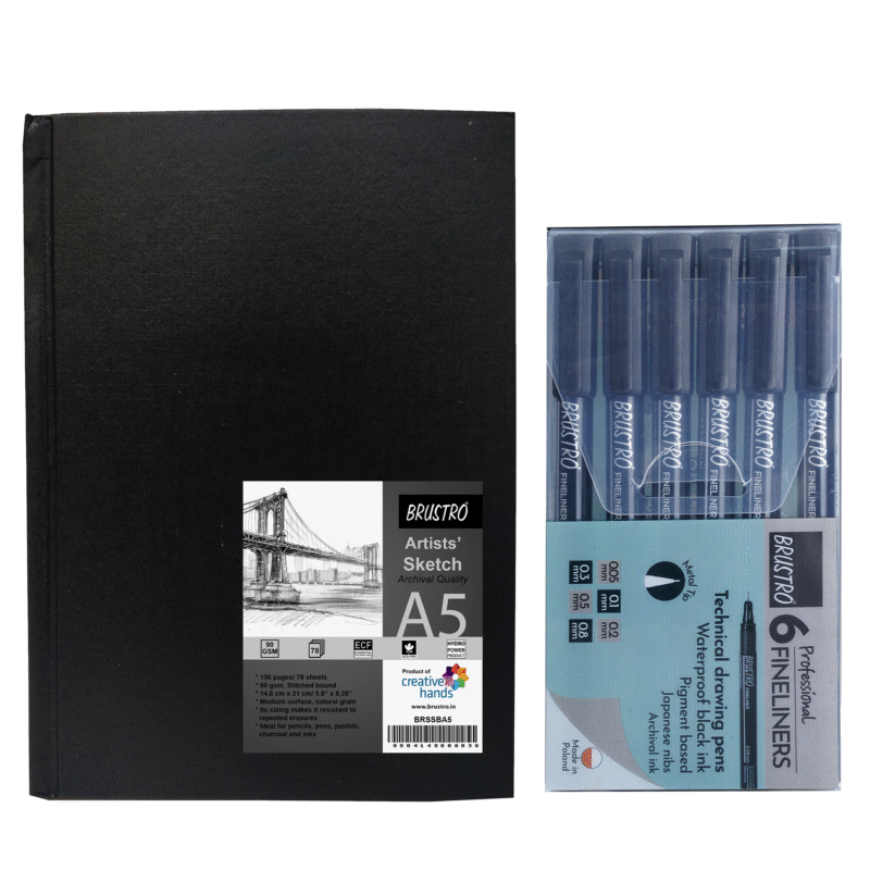 BRUSTRO Professional Pigment Based Fineliner - Set of 6 (Black) & Brustro Artists Stitched Bound Sketch Book, A5 Size, 156 Pages, 90 GSM - Image 3