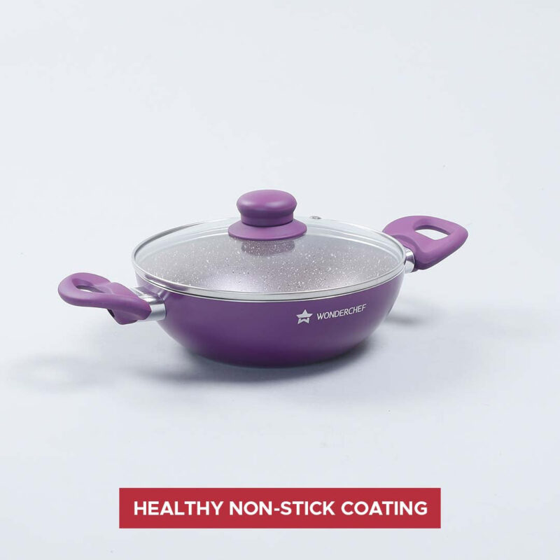 Royal Velvet 20 cm Non-Stick Kadhai with Lid and Induction Bottom | Soft-Touch Handle | Virgin Grade Aluminium | PFOA and Heavy Metals Free | 3 mm thick | 1.4 litres | 2 Years Warranty | Purple - Image 12