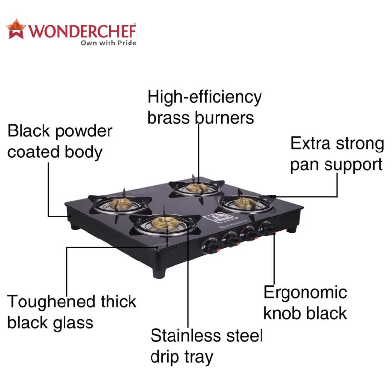 Ruby  4 Burner Glass Cooktop, Black Toughened Glass with 1 Year Warranty, Ergonomic Knobs,  Heat-Efficient Brass Burners, Stainless-steel Spill Tray, Manual Ignition - Image 7