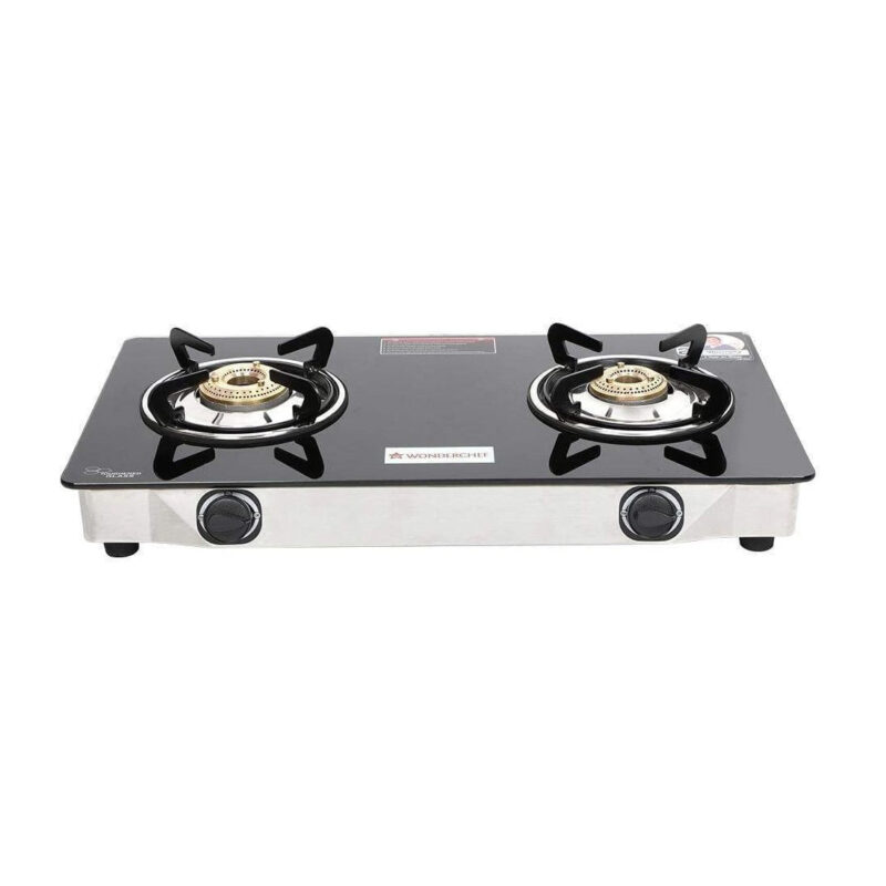 Ruby 2 Burner Glass Cooktop,  Black 7mm Toughened Glass with 1 Year Warranty, Ergonomic Knobs, Efficient Brass Burners, Stainless-steel Spill Tray, Manual Ignition - Image 2