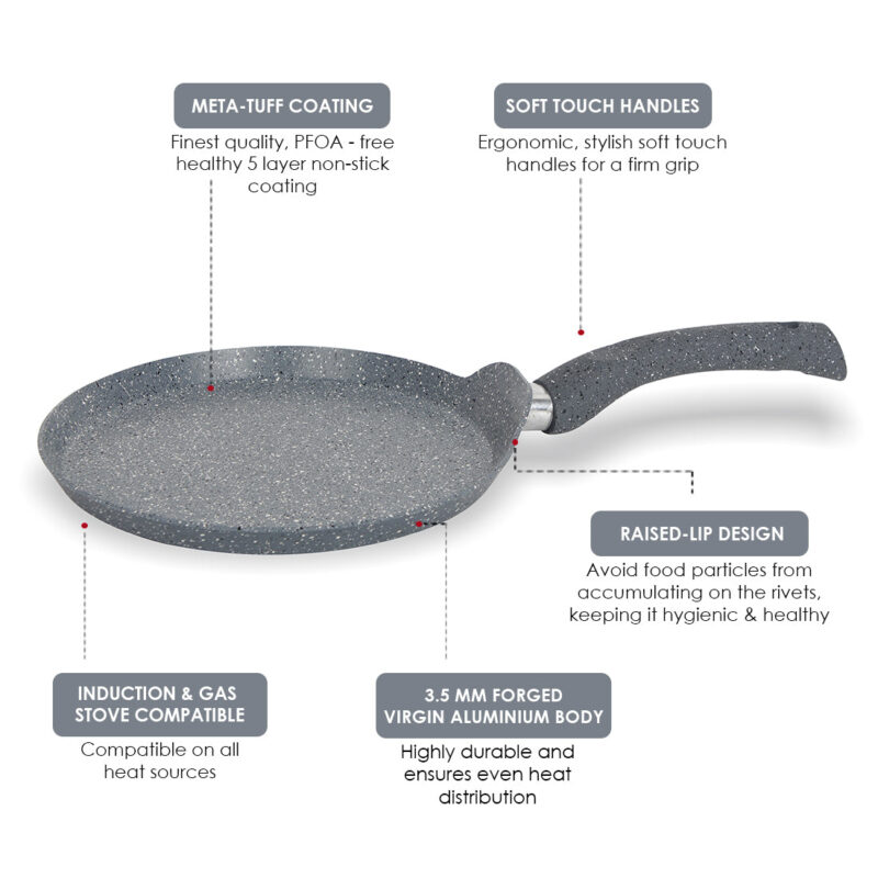 Granite 28cm Non-Stick Dosa Tawa | Induction Bottom | Soft-Touch Handles | Virgin Aluminium | PFOA/Heavy Metals Free | 3.5mm | 2 Year Warranty | Grey - Image 9