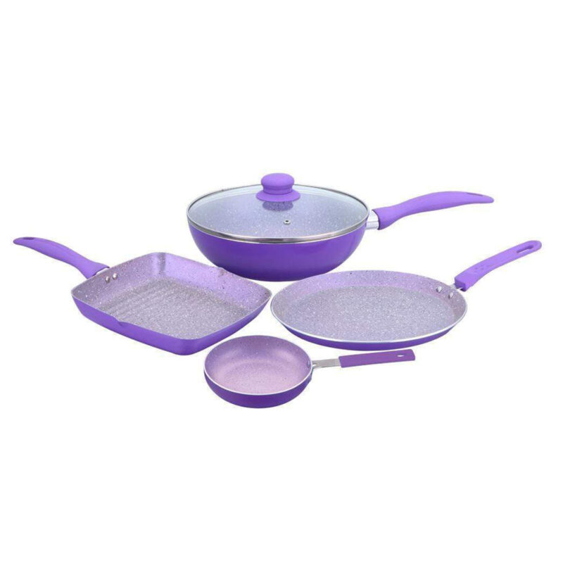Celebration Aluminum Non-Stick Cookware 5 pc Set | Kadhai with Glass Lid 24cm, Grill Pan 24cm, Dosa Tawa 28cm, Mini Fry Pan 12cm | Induction Bottom | Soft Touch Handles | Pure Grade Aluminium | PFOA Free | 2 Year Warranty | Purple - Image 5