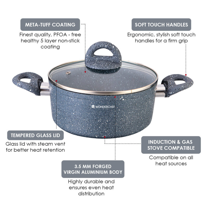 Granite 24 cm Non-Stick Casserole | Glass Lid |Induction Bottom | Soft-Touch Handles | Virgin Aluminium | PFOA and Heavy Metals Free | 3.5mm | 4 liters | 2 Year Warranty | Grey - Image 13