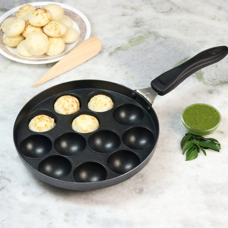 Non-Stick Appa Kara Cookware with 12 cavities | Appam PatraPaniyarakkal | Paniyaram | Appam Pan | Pan Cake Maker | Ponganal Maker | Kuzhi Paniyaram | Paddu Tawa | Cool Touch Bakelite Handle | Pure Grade Aluminium | PFOA Free | 1 Year Warranty | Black - Image 6