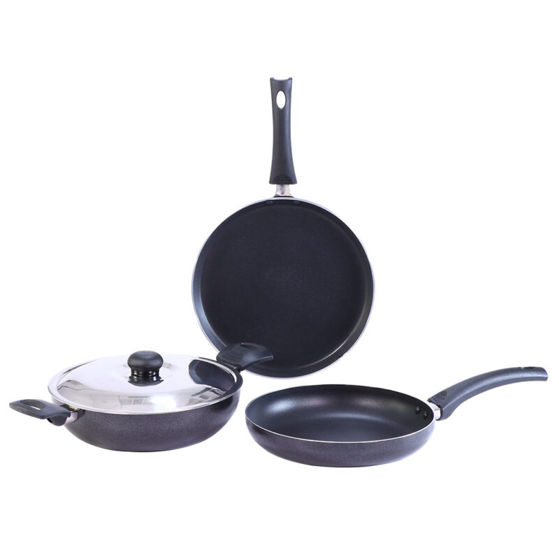 Platinum Plus Non-Stick Cookware Set of 4 | Kadhai with Glass Lid 24cm, Fry Pan 24cm & Dosa Tawa 25cm | Cool-Touch Bakelite Handle | Pure Grade Aluminium | PFOA Free | 1 Year Warranty | Black - Image 10