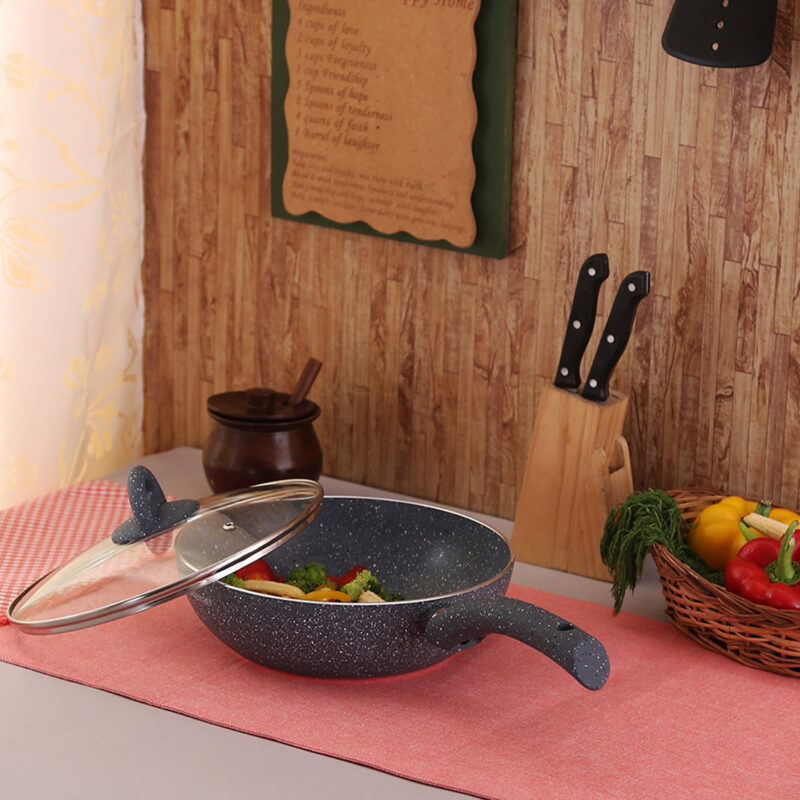 Granite 26cm Non-Stick Wok | Glass Lid | Induction Bottom | Soft-Touch Handles | Virgin Aluminium | PFOA and Heavy Metals Free | 3.5mm Thick| 26cm, 3.1 litres | 2 Year Warranty | Grey - Image 3
