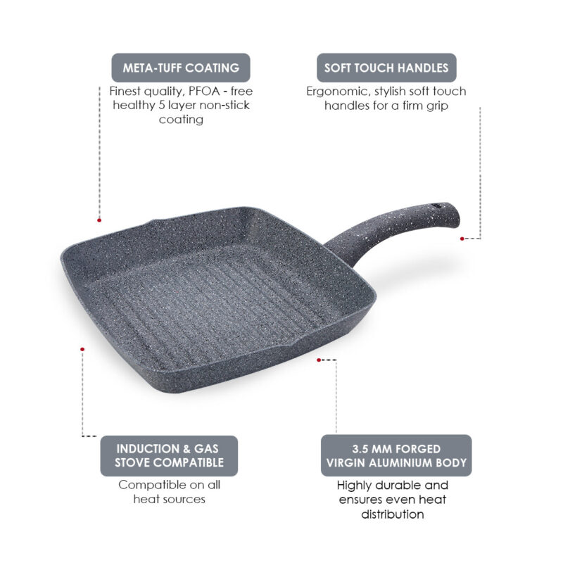 Granite Non-stick Grill Pan, Soft-touch Handle, Virgin Grade Aluminium, PFOA/Heavy metals free, 3.5mm, 2 years warranty, Grey - Image 8