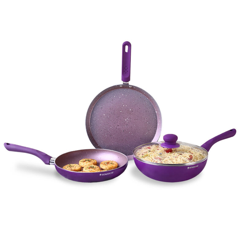 Royal Velvet Non-stick Cookware Set, 4Pc (Fry Pan with Lid, Wok, Dosa Tawa) 3mm, 2 Years Warranty, Purple - Image 7