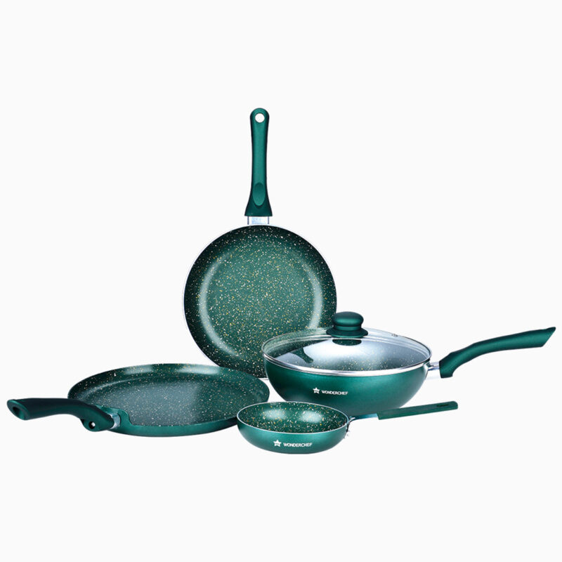 Royal Velvet Non-stick Cookware Set, 5Pc (Fry Pan with Lid, Wok, Dosa Tawa, Mini Fry Pan) Induction bottom, Soft-touch handles, Virgin Grade Aluminium, PFOA/Heavy Metals Free, 2 Years Warranty, Olive Green - Image 5