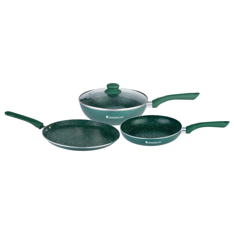 Royal Velvet Plus Non-stick Cookware Set, 4Pc (Wok with Lid, Fry Pan, Dosa Tawa), Induction Bottom, Soft Touch Handle, Pure Grade Aluminium, PFOA Free, 2 Years Warranty,  Olive Green - Image 5