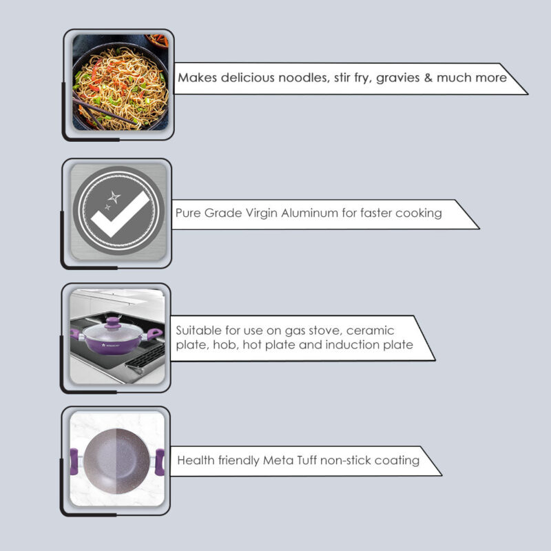 Royal Velvet 20 cm Non-Stick Kadhai with Lid and Induction Bottom | Soft-Touch Handle | Virgin Grade Aluminium | PFOA and Heavy Metals Free | 3 mm thick | 1.4 litres | 2 Years Warranty | Purple - Image 9