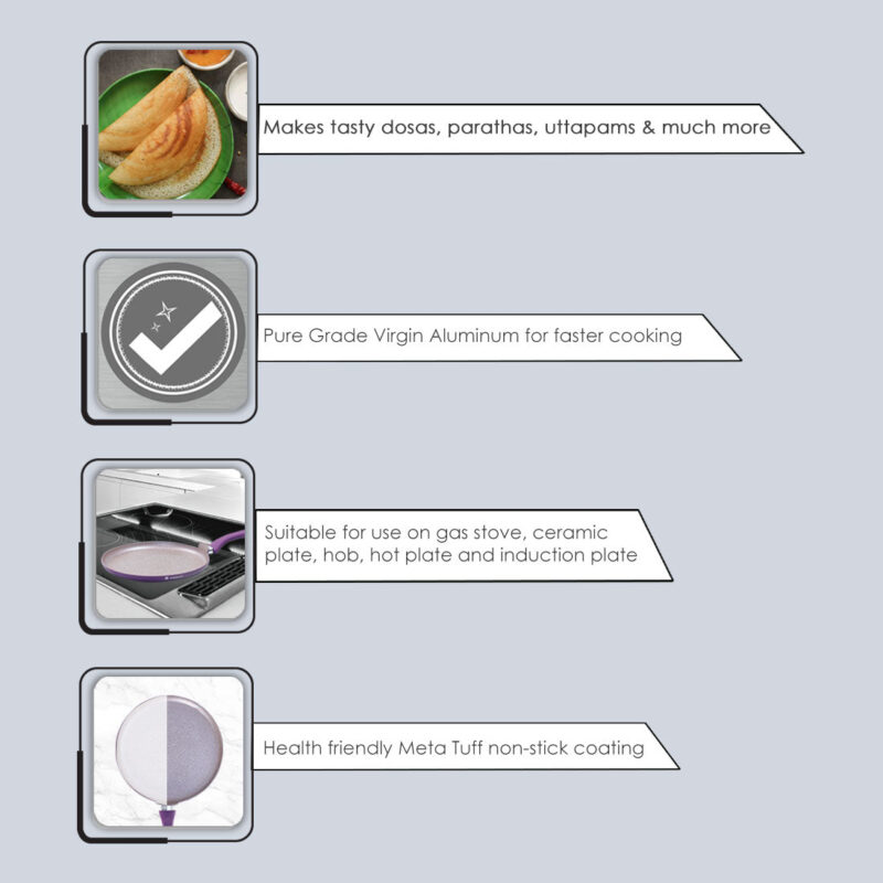 Royal Velvet 24 cm Non-Stick Dosa Tawa | Induction Bottom | Soft-Touch Handle | Virgin Grade Aluminium | PFOA and Heavy Metals Free | 3 mm | Non-Stick Tawa | 2 Years Warranty | Purple - Image 7