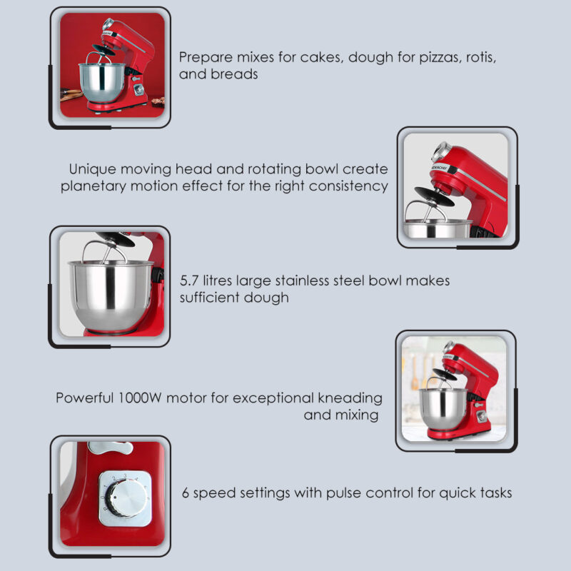 Crimson Edge Die-Cast Metal Stand Kitchen Mixer & Beater with free attachments | 5.7L SS Bowl | 1000W motor | 6 Speed Setting | Whisking Cone, Mixing Beater & Dough Hook attachments | 3 Yrs warranty | Red - Image 5