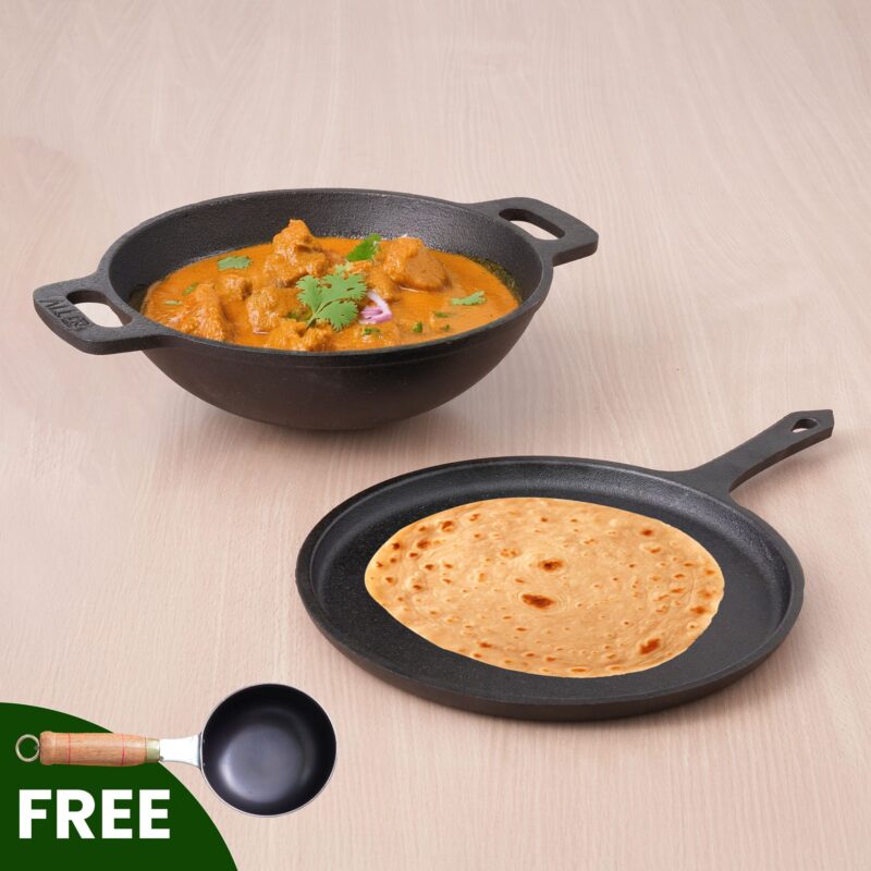 CASTrong Cast Iron Cookware Set: Tawa+ Kadai (Wok model), Kitchen Set for Home, Pre-seasoned, 100% Pure, Toxin-free, Free ₹400 Tadka Pan - Image 14