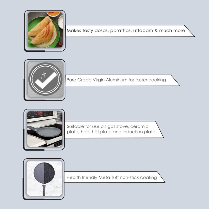 Granite 28cm Non-Stick Dosa Tawa | Induction Bottom | Soft-Touch Handles | Virgin Aluminium | PFOA/Heavy Metals Free | 3.5mm | 2 Year Warranty | Grey - Image 10
