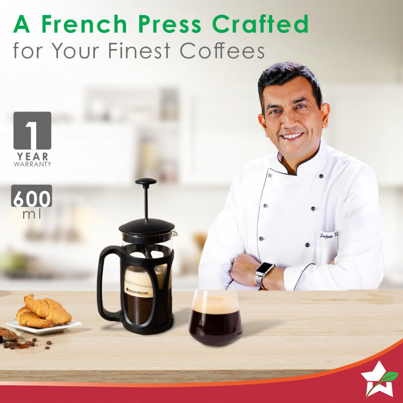 Wonderchef Renewed French Press Coffee & Tea Maker 600 ml | Premium Heat Resistant Borosilicate Glass Carafe in SS Housing | 4 Level Filtration System | SS Plunger with Mesh | 3-4 Cups of Coffee | Brews in Just 3 Minutes | Black | 1 Year Warranty - Image 2