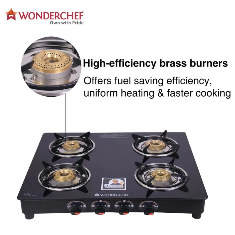 Ruby  4 Burner Glass Cooktop, Black Toughened Glass with 1 Year Warranty, Ergonomic Knobs,  Heat-Efficient Brass Burners, Stainless-steel Spill Tray, Manual Ignition - Image 6