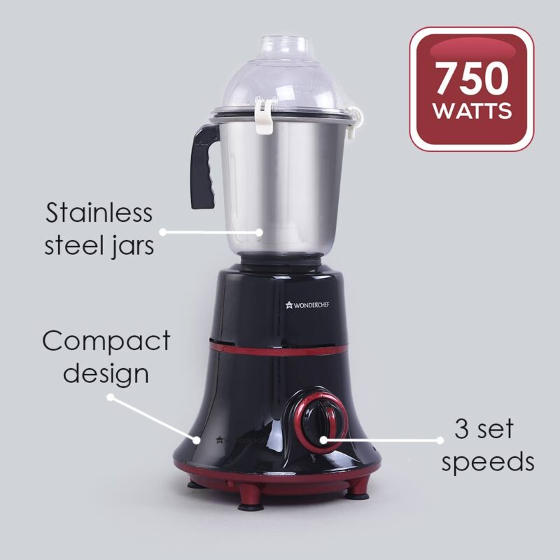 Wonderchef Renewed Glory Mixer Grinder | 750W | 4 Stainless Steel Jars and Anti-rust Stainless Steel Blades | Ergonomic Handles - Image 2