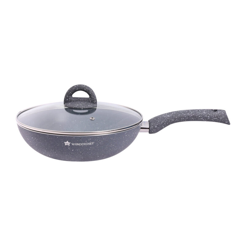 Granite Non-stick Cookware Set, 4Pc (Fry Pan with Lid, Wok, Dosa Tawa), Induction Bottom, Soft-touch Handles, Virgin Grade Aluminium, PFOA/Heavy metals free, 3.5mm, 2 years warranty, Grey - Image 10