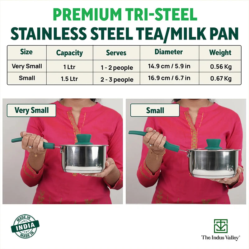 Tri-Steel Stainless Steel Tea/Milk Pan+ Lid, Premium Quality, Tri-ply (3 Layer) Bottom, Soft-touch Handle, 100% Toxin-free, Non-stick, Induction & Gas, 1/1.5 L, 14.9/16.9 cm - Image 2