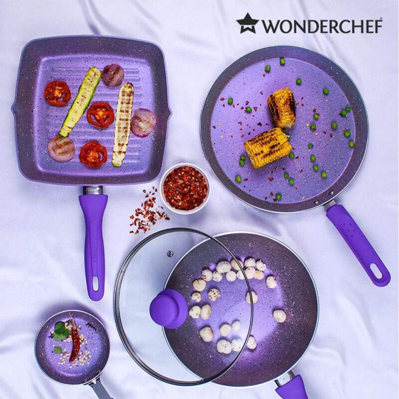 Celebration Aluminum Non-Stick Cookware 5 pc Set | Kadhai with Glass Lid 24cm, Grill Pan 24cm, Dosa Tawa 28cm, Mini Fry Pan 12cm | Induction Bottom | Soft Touch Handles | Pure Grade Aluminium | PFOA Free | 2 Year Warranty | Purple - Image 6