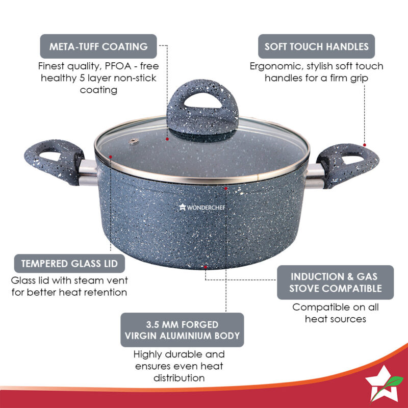 Wonderchef Renewed Granite Die-Cast Non-stick Casserole 24cm (without Lid) | Induction Bottom | Soft-touch Handles | Virgin Grade Aluminium | 3.5mm Thick | PFOA/Heavy Metals Free - Image 2