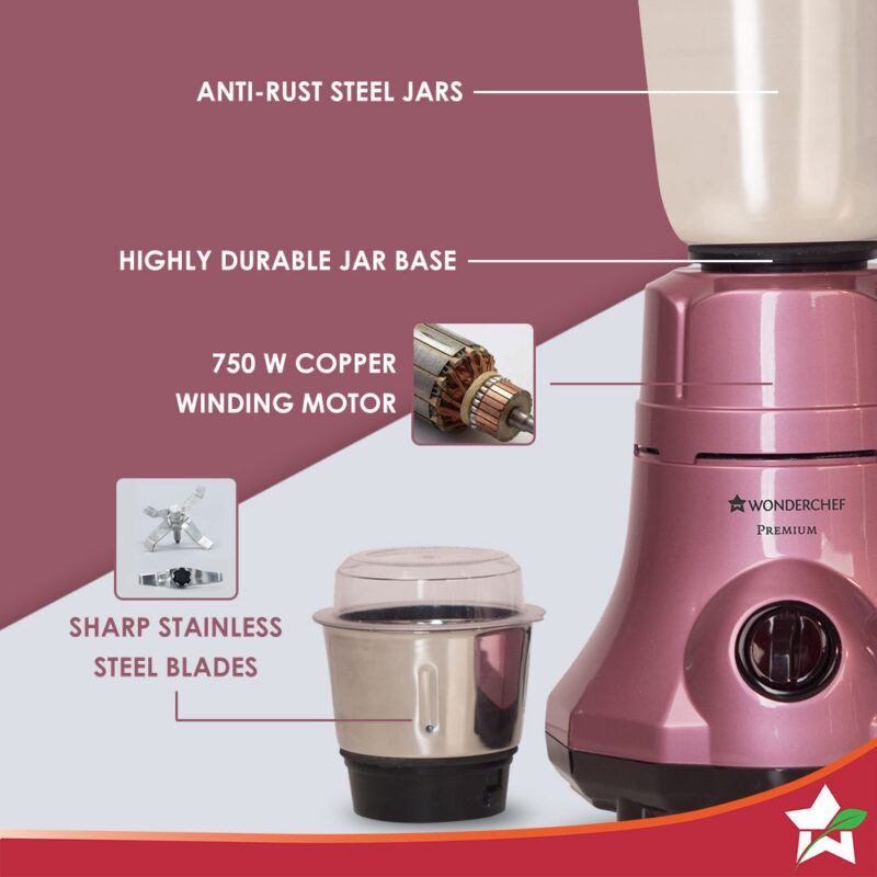 Wonderchef Renewed Premium Mixer Grinder | 750W | 3 Thick Steel Jars | Die-cast Jar Base | Velvet - Image 2