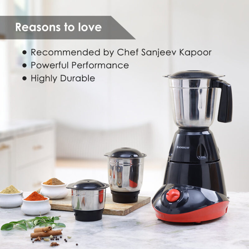 Wonderchef Renewed Capri Mixer Grinder 750W, 3 Stainless Steel Jars, Black & Red, 1 Year Warranty - Image 4