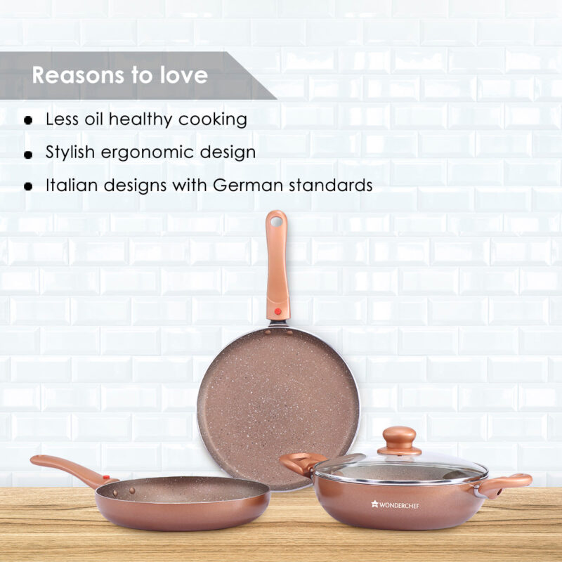 Ruby Plus 24 cm Cookware Set Bronze, Kadhai with Lid, Fry Pan, Dosa Tawa, Non-stick set of 4, Induction use, Tempered Glass Lid, - Image 10